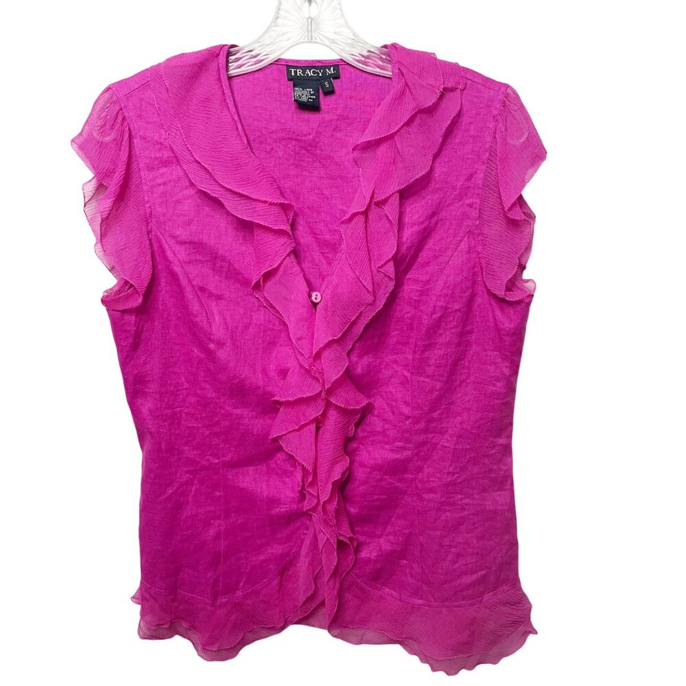 Tracy M 100% Linen Top Women's Small Fuchsia Pink Ruffle Retro 90s Y2K Button Up